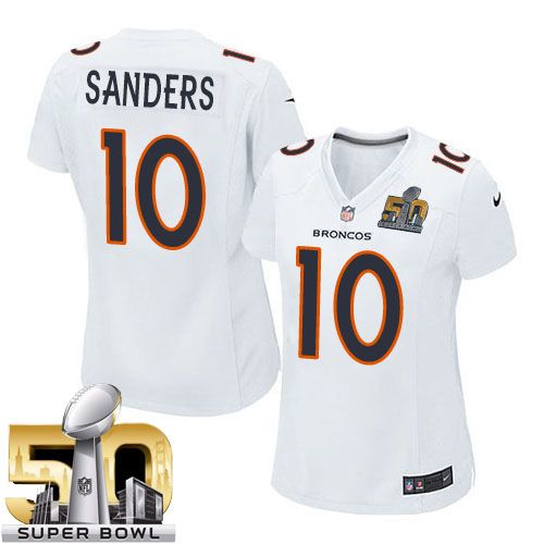 Nike Broncos #10 Emmanuel Sanders White Super Bowl 50 Women's Stitched NFL Game Event Jersey - Click Image to Close